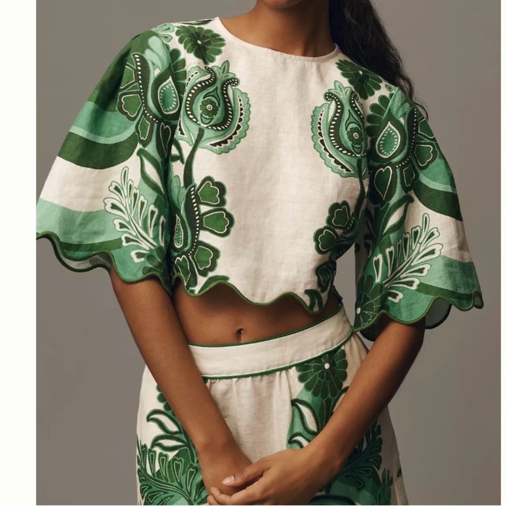 Farm Rio Festival 100% Linen Crop Top. Women’s Small. Green White Retail $175